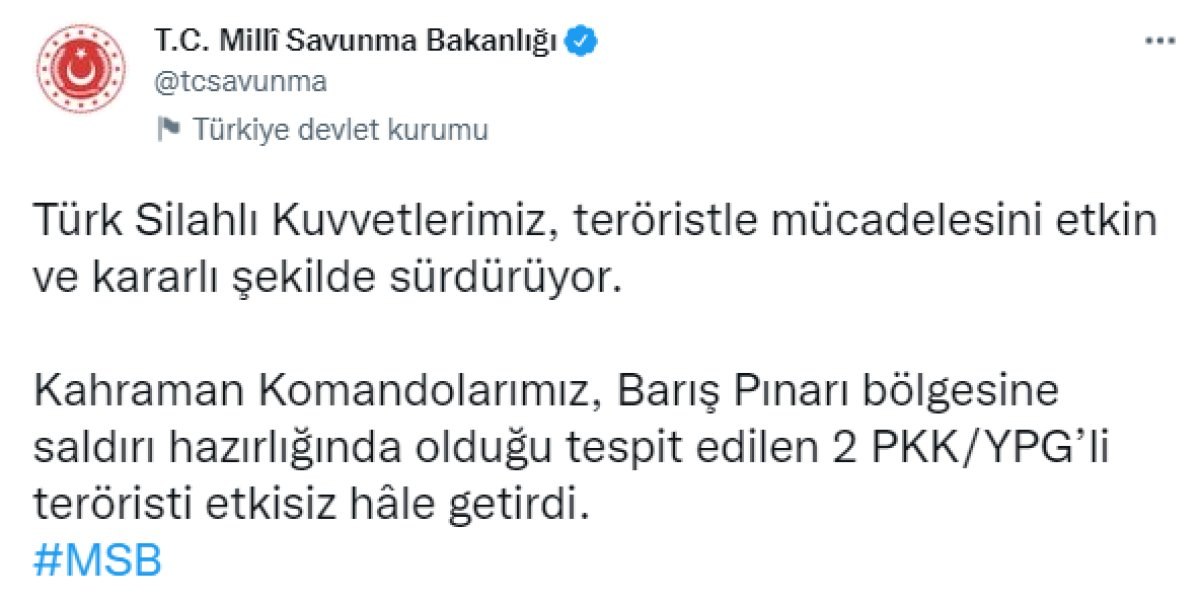 Barış Pınarı bölgesinde saldırı hazırlığındaki 2 terörist öldürüldü