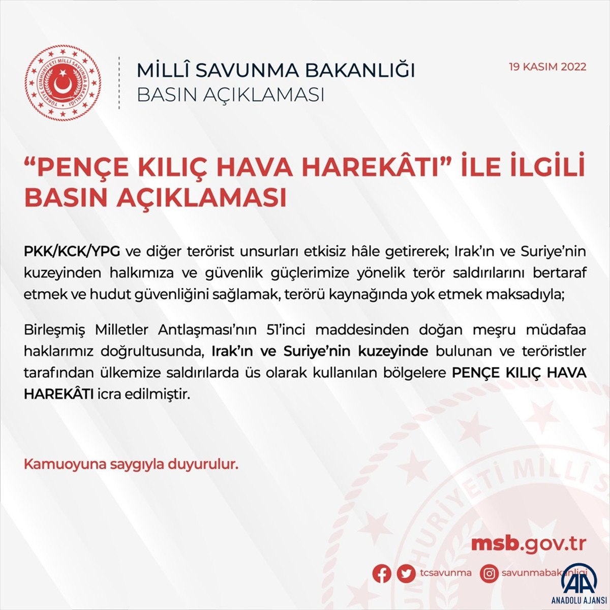 MSB açıkladı: Operasyonun adı Pençe Kılıç