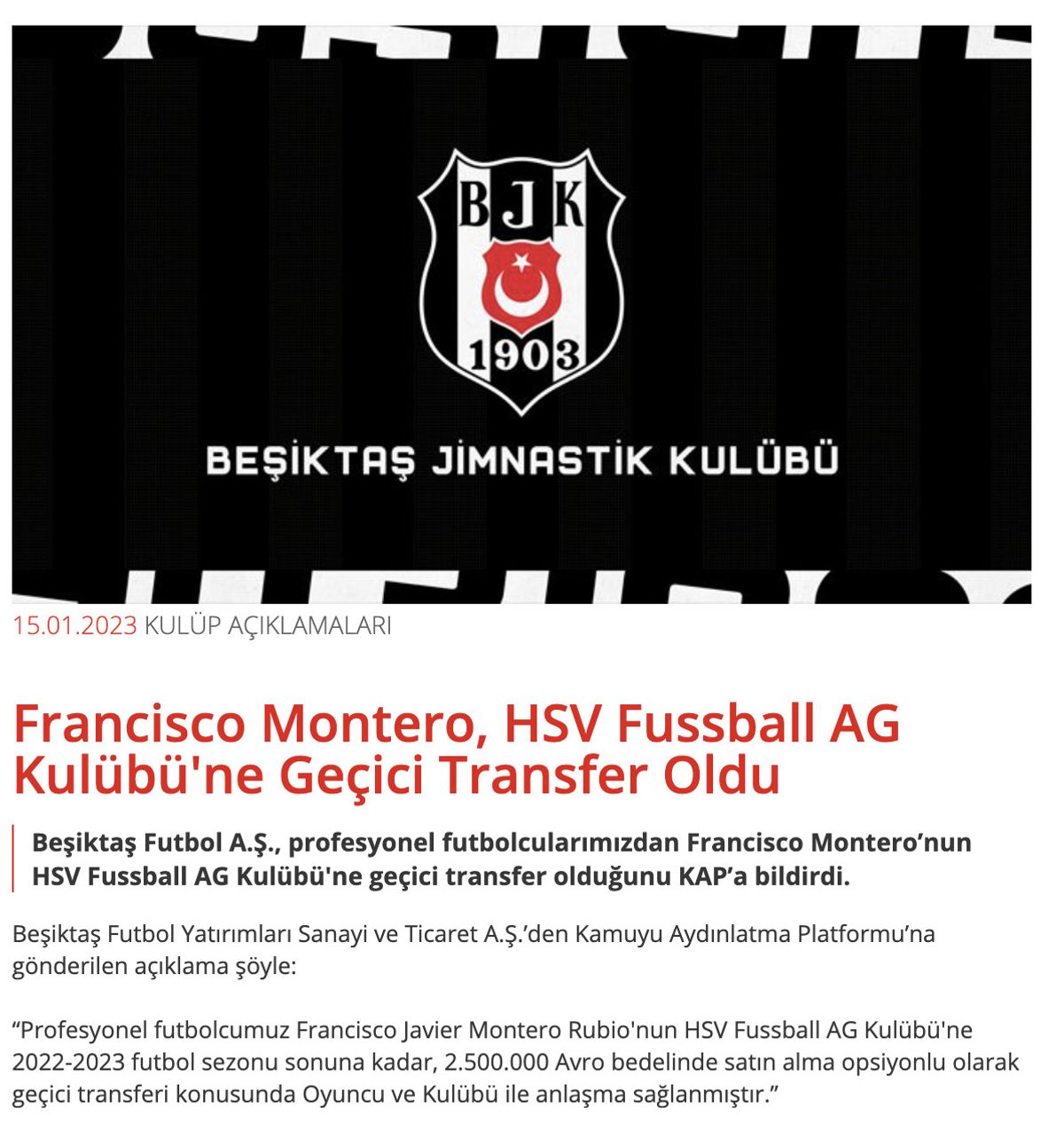 Francisco Montero, Hamburg takımına kiralandı