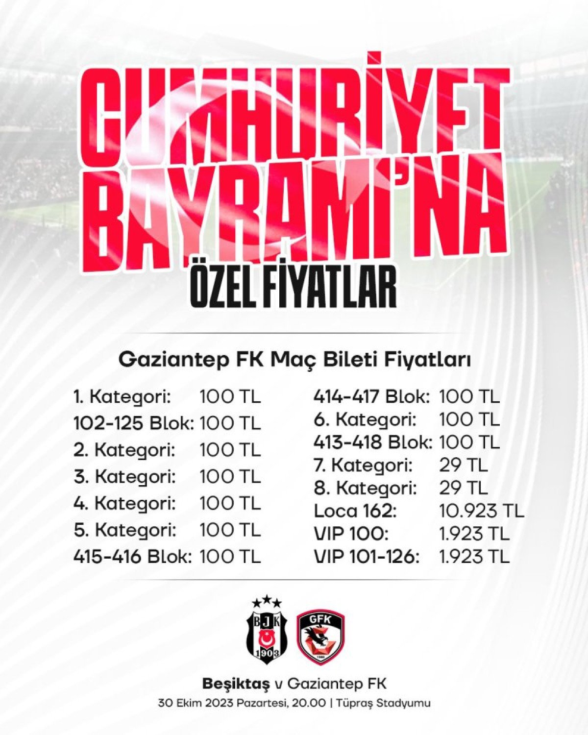Beşiktaş'tan Gaziantep FK maçı için 29 Ekim Cumhuriyet Bayramı'na özel  bilet fiyatı! - Son dakika