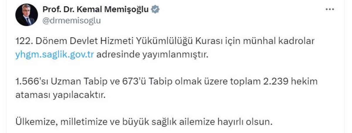 Sağlık Bakanı Kemal Memişoğlu'ndan Hekimlere Müjde