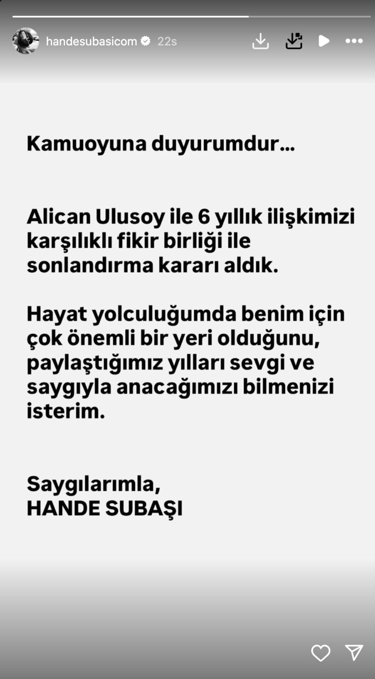 Ouncu Hande Subaşı 6 yıllık ilişkisini sonlandırdı! Instagram'dan duygusal veda