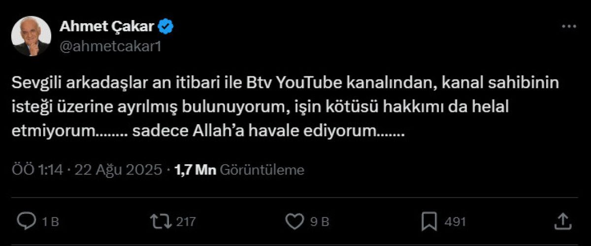 Ahmet Çakar, BTV YouTube Kanalından Ayrıldığını Duyurdu: Helal Etmiyorum