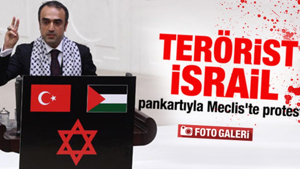 Genel Kurul kürsüsüne terörist İsrail afişi asıldı İZLE