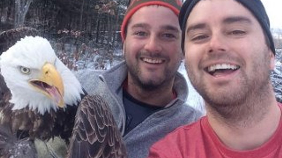 Kanadalı gençler yakaladıkları kartalla selfie yaptı