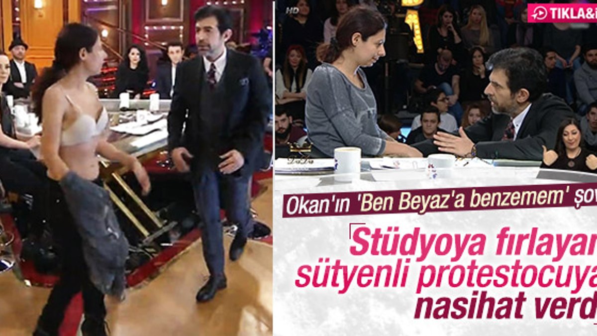 Okan Bayülgen'in yayınında sütyenli protestocu