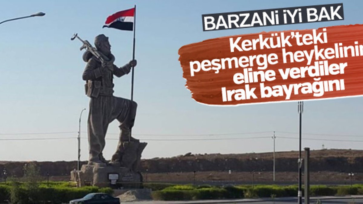 Kerkük'te peşmerge heykeli Irak bayrağı taşıyor