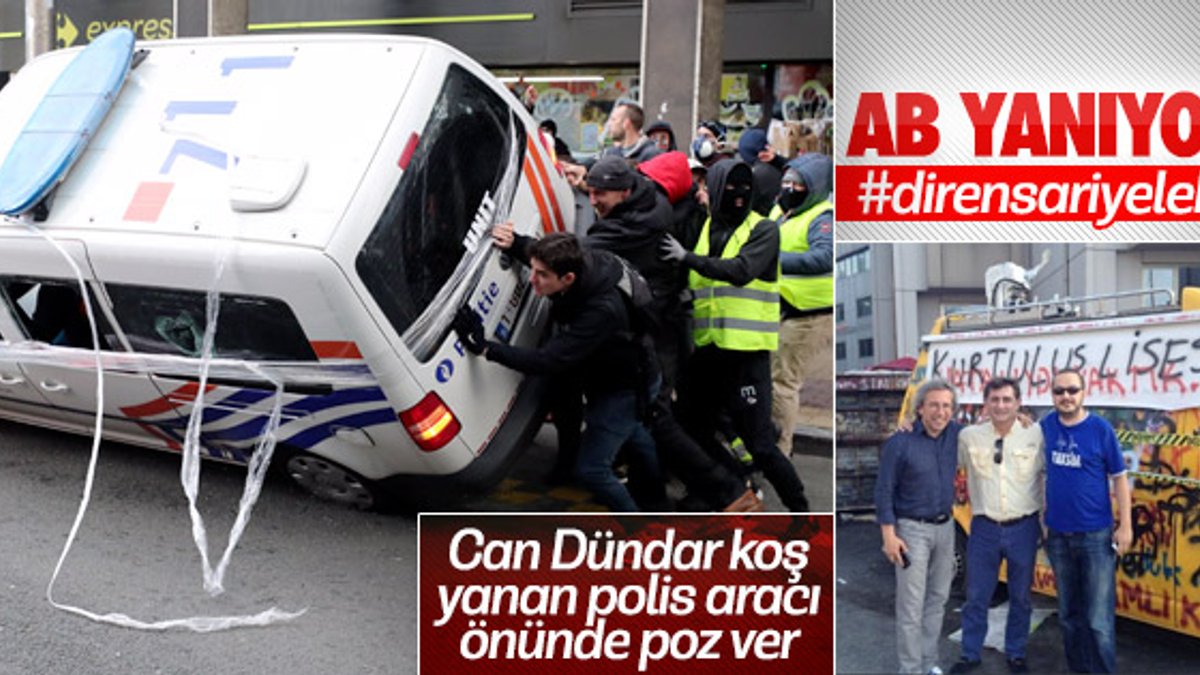 Belçika'da göstericiler polis arabası devirdi