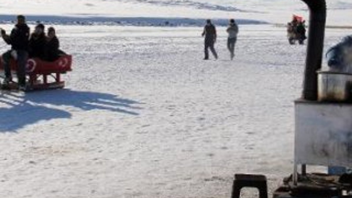 Buzla kaplanan Çıldır Gölü'ne ziyaretçi akını