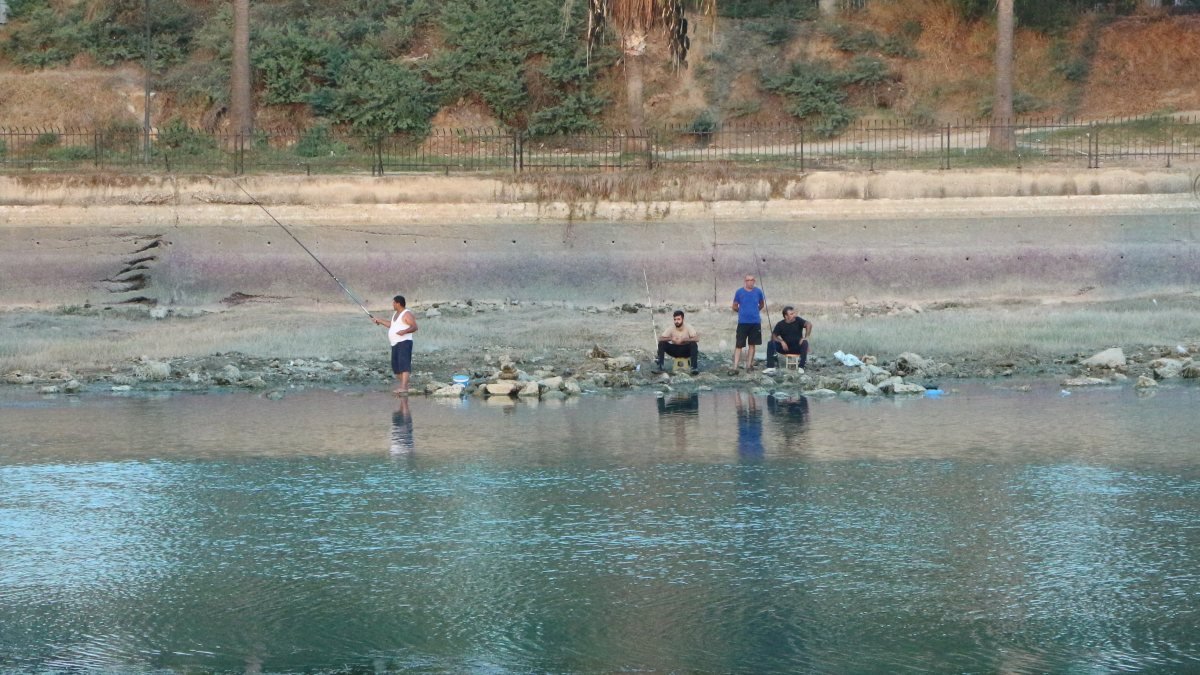Adanalılar balık tutmak için suyu çekilen Seyhan Nehri'ne indi