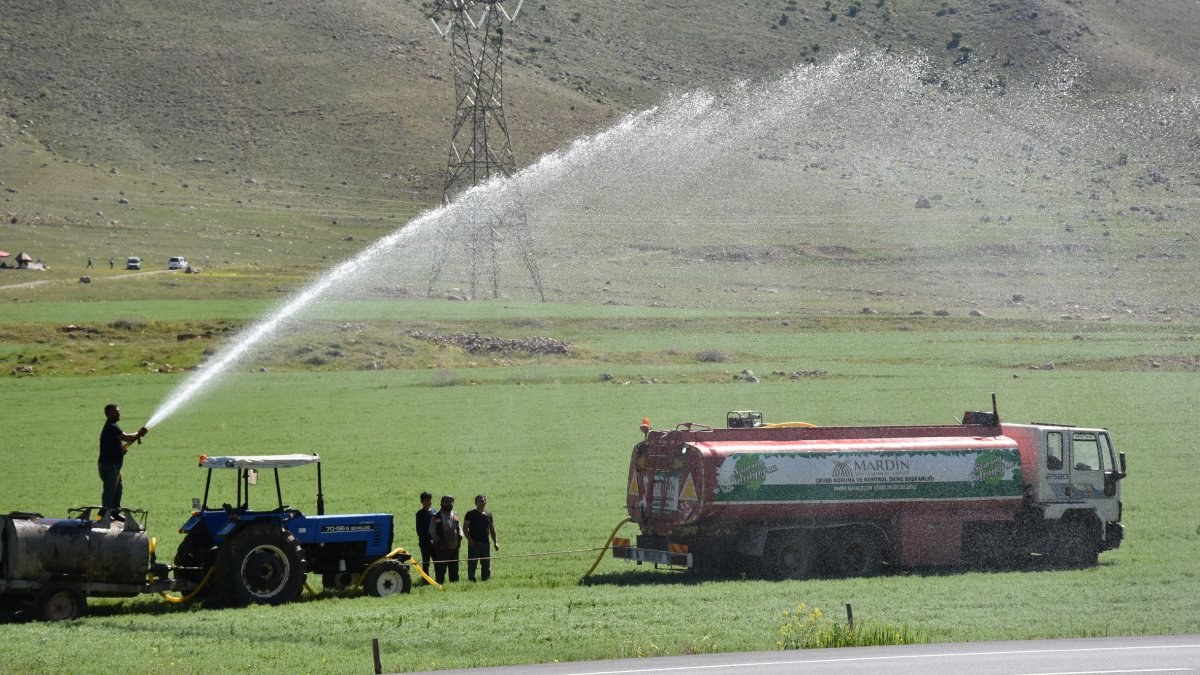 Batman Ovası'nda çiftçi kuraklığa karşı tarlasını tankerle suluyor
