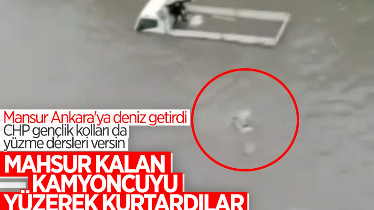 Ankara'da selde mahsur kalınca, yüzerek giden kişi halatla kurtardı