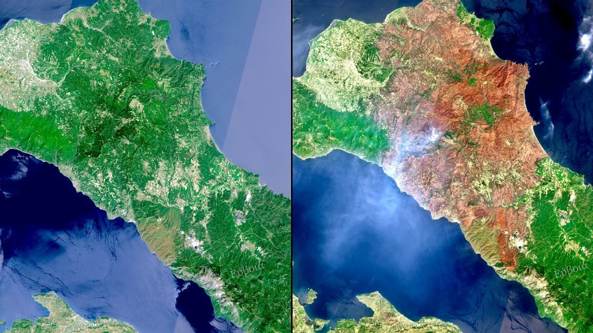 Yunanistan'ın Eğriboz Adası'nda yangın öncesi ve sonrası