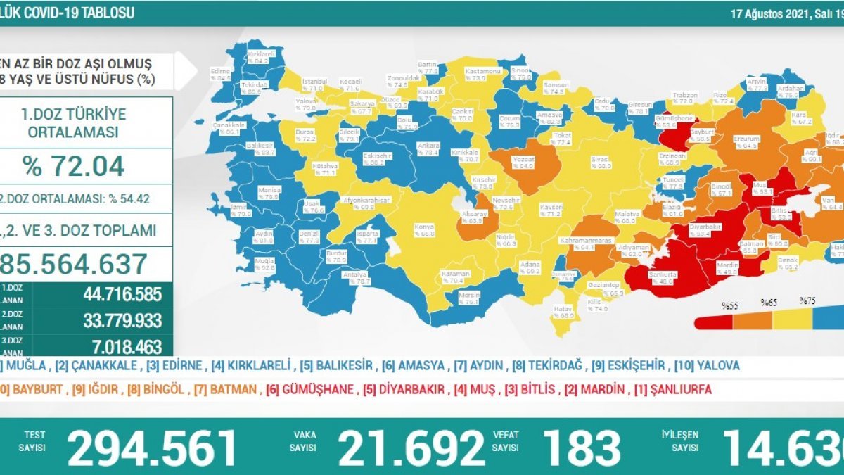 17 Ağustos Türkiye'de koronavirüs tablosu