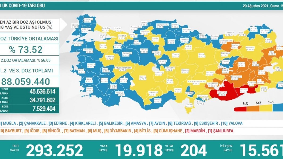 20 Ağustos Türkiye'de koronavirüs tablosu