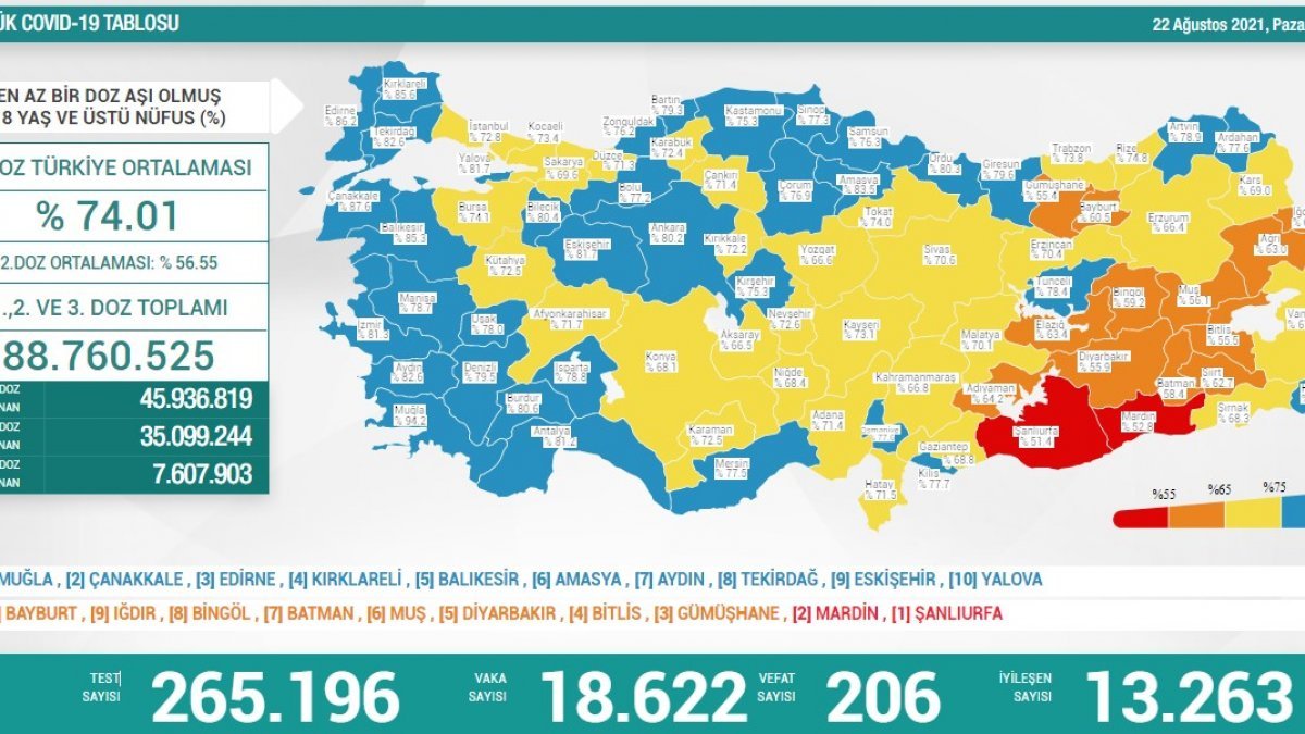 22 Ağustos Türkiye'de koronavirüs tablosu