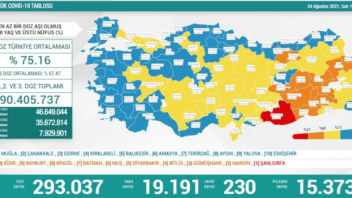 24 Ağustos Türkiye'de koronavirüs tablosu