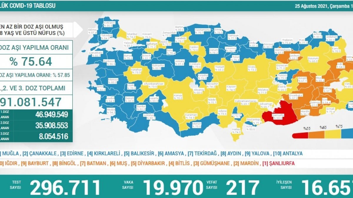 25 Ağustos Türkiye'de koronavirüs tablosu