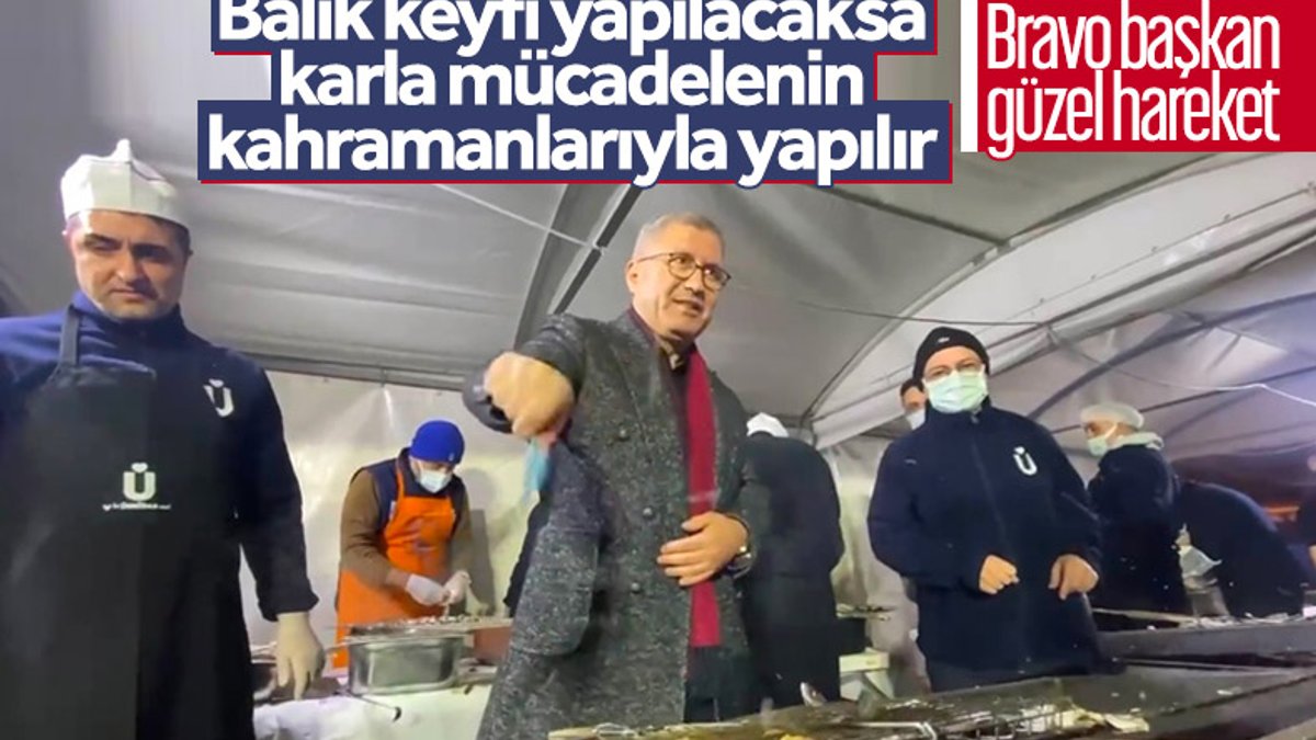 Hilmi Türkmen, karla mücadele eden personele balık ziyafeti verdi