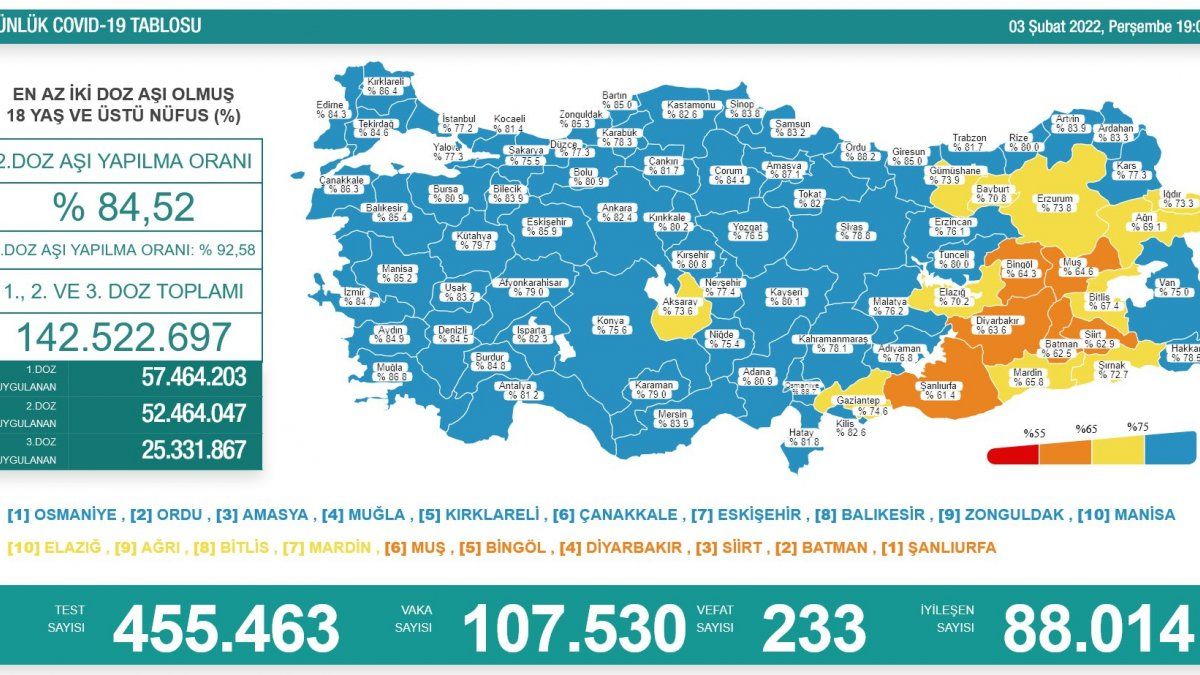 3 Şubat Türkiye'de koronavirüs tablosu