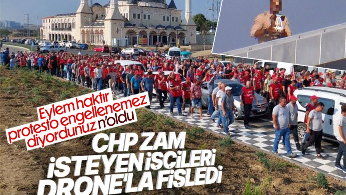 Tekirdağ'da maaş eylemi yapan belediye işçileri, gizli çekim yapan drone'u yuhaladı