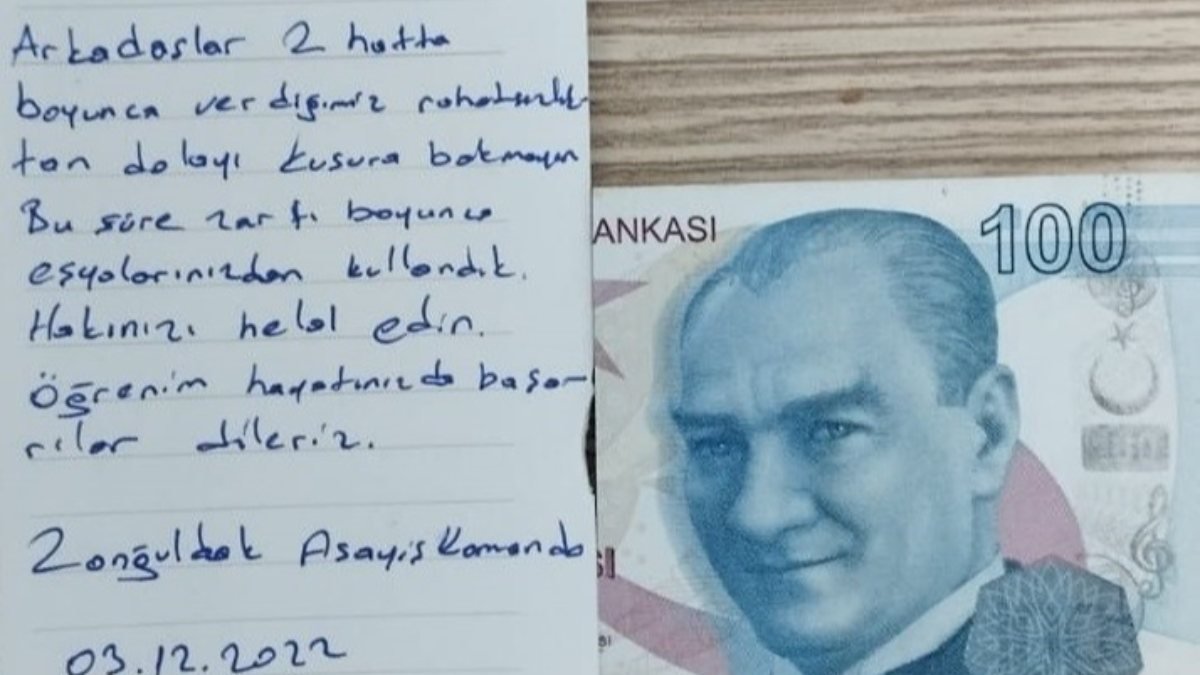 Mehmetçik Düzce’den, yurttaki öğrencilere para ve not bırakarak ayrıldı 