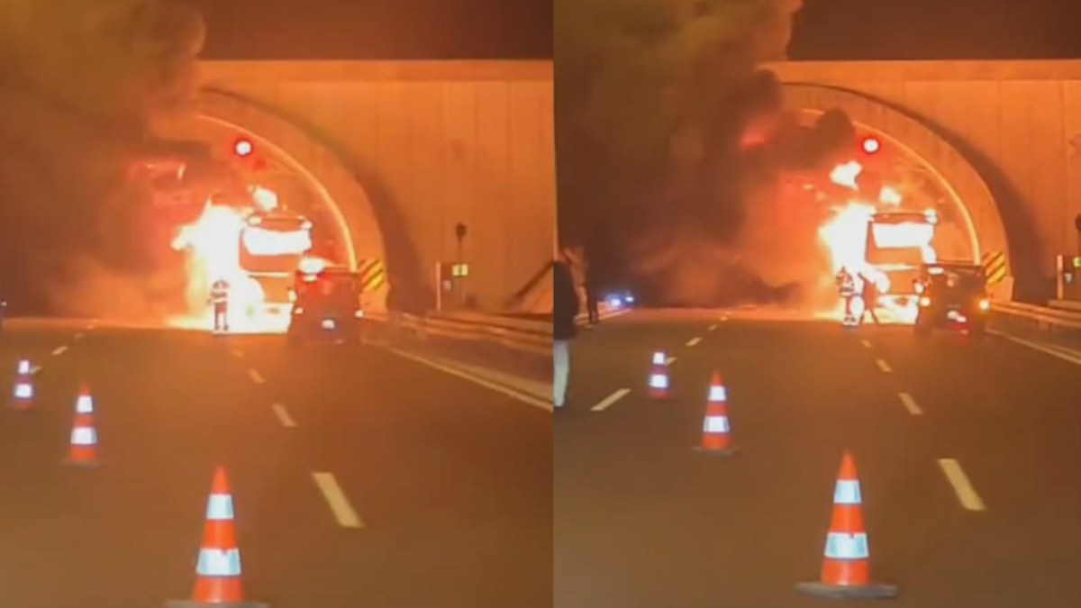 Bursa Orhangazi Tüneli girişinde yolcu otobüsü alev alev yandı