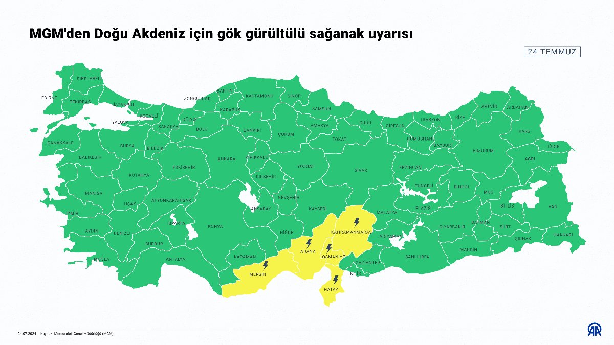 Tekirdağ ve Doğu Akdeniz için gök gürültülü sağanak uyarısı