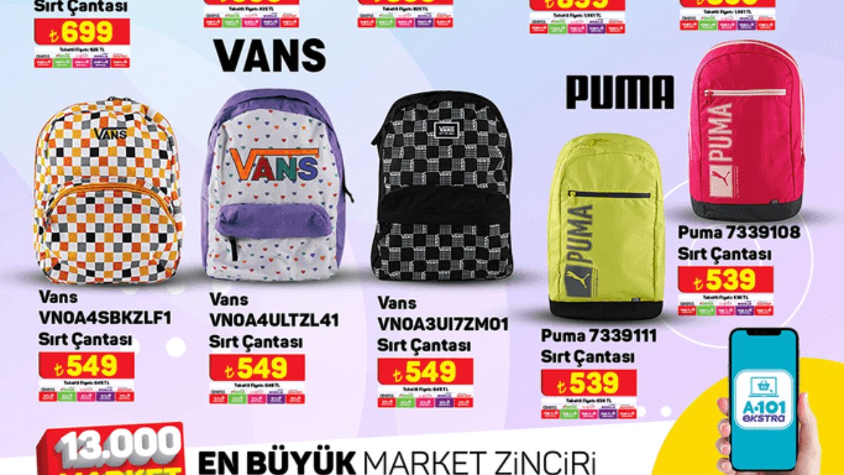 Okula dönüş başladı! A101'de sırt çantası fırsatları: Adidas 499 TL, Puma 539 TL, VANS 549 TL...