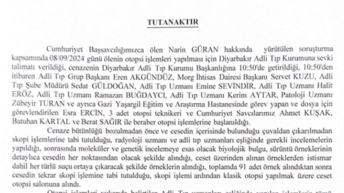 Narin Güran'ın otopsisinin ardından savcı tutanağı ortaya çıktı
