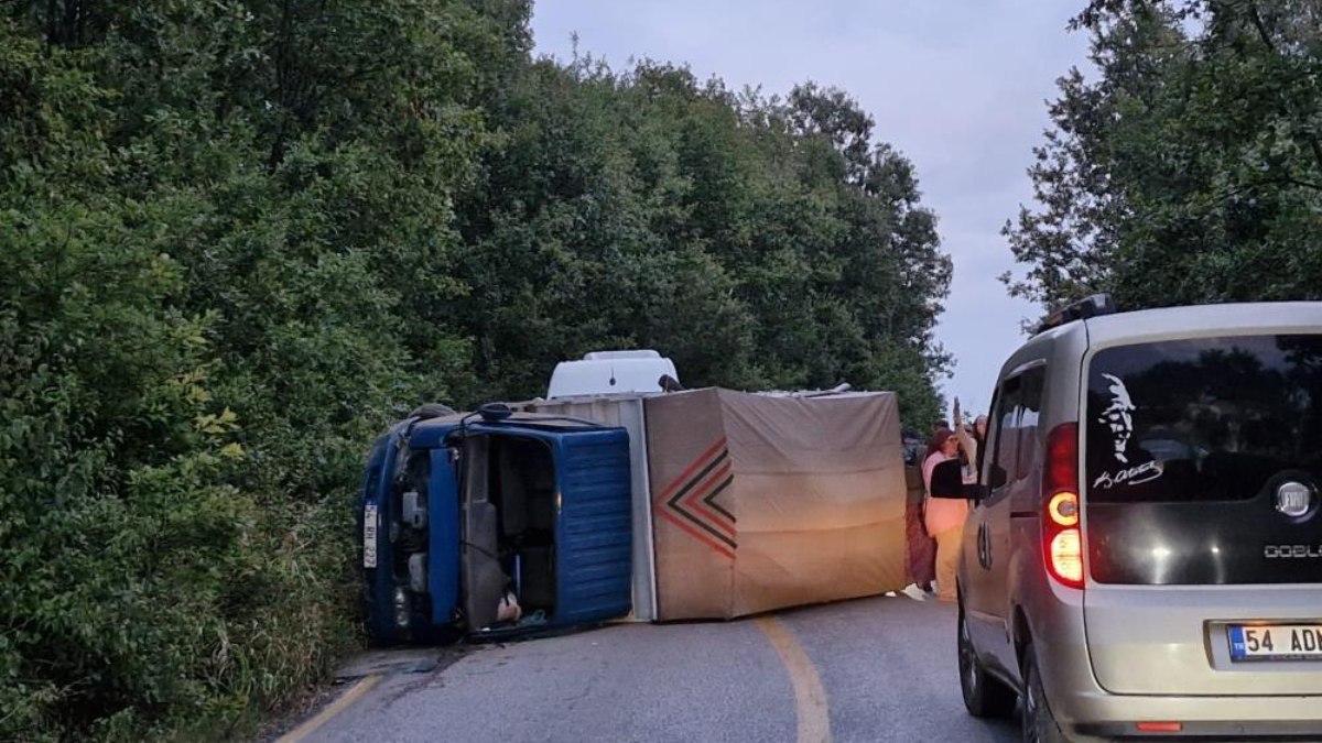 Sakarya'da kontrolden çıkan kamyonet yan yattı