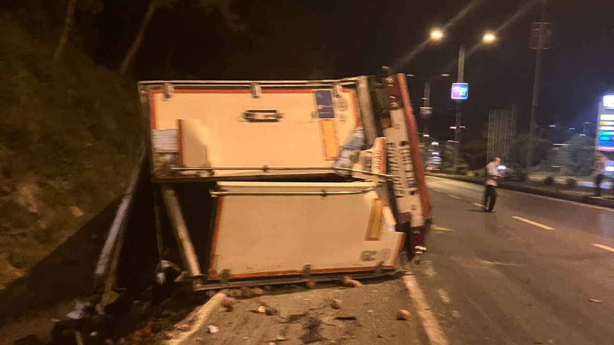 Hatay'da freni boşalan tır şarampole devrildi.