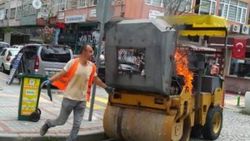 Rize'de iş makinesi alev alan operatörün tepkisi