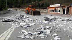 Gümüşhane'de tırdaki mermerler yola savruldu
