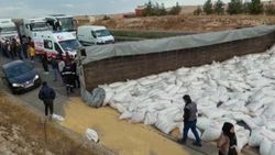 Gaziantep’te tahıl yüklü tır yola devrildi