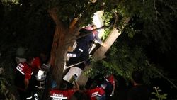 Şarampole yuvarlanan araç ağaca asılı kaldı