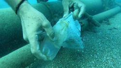 Konyaaltı Sahili’nde deniz dibinden 10 dakikada 2 torba çöp çıkarıldı