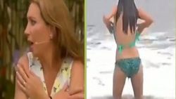 Canlı yayında okyanusa giren muhabirin bikinisi düştü