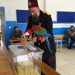 Papağanıyla birlikte oy vermeye geldi