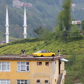 Rize'de, satmak istemediği otomobili çatıya koydu