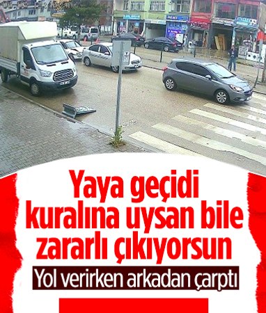 Karabük'te yayaya yol veren otomobile çarpma anları