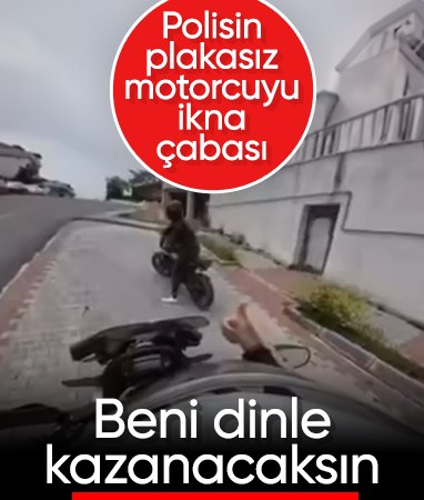 Polis memurunun plakasız motosikletliyi kaçmamaya ikna ettiği anlar kamerada