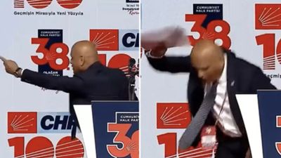 CHP'li Abdullah Şahin, mikrofonu kapatılınca sahnede zıplayarak elindeki kağıtları yere attı