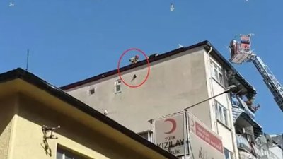 Bursa'da çatıdan sarkan ipe dolanan kargayı itfaiye kurtardı