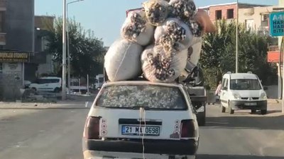 Diyarbakır'da otomobilin tavanında 6 çuval pamukla seyahat