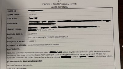 Kayseri'de çekimi yapılıp verilmeyen düğün görüntüleri için 53 bin TL tazminat