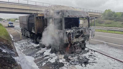 Bolu'da lastiği patlayarak alev alan tır küle döndü