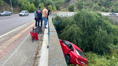 Kocaeli'de otomobil, bariyerlere çarpıp ağaçlık alana düştü