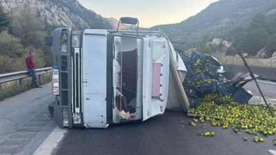 Mersin'de narenciye yüklü kamyon devrildi