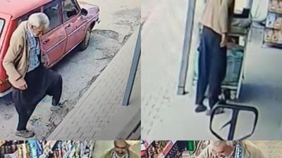 Mersin'de markete girerken çamurlu ayakkabılarını çıkartan adam